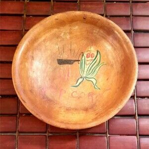 Vintage Wooden Popcorn Bowl Anthropomorphic Corn 8" Diameter 2" Deep